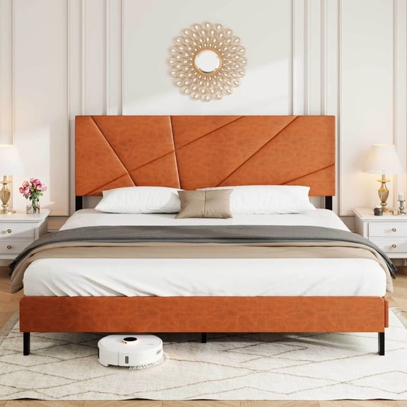 King Size Bed Frame with Upholstered Headboard, Metal Support, No Box Spring Needed, Antique Brown