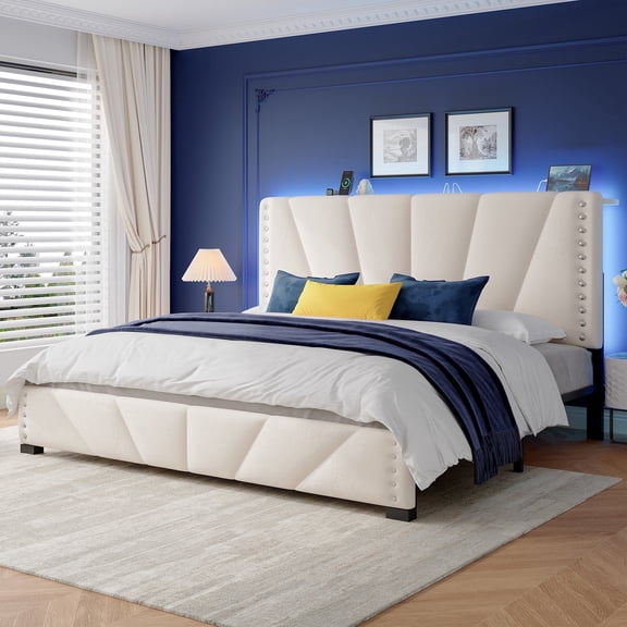 Upholstered Bed Frame with Headboard King Size Bed Frame with LED Lights & Storage,Beige