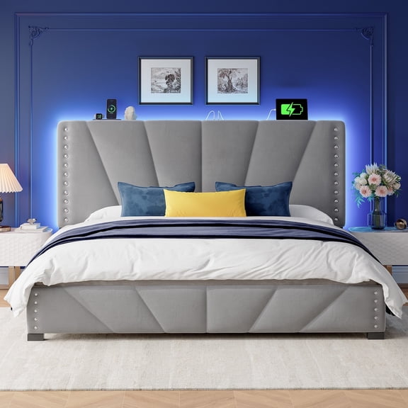 Upholstered Bed Frame with Headboard King Size Bed Frame with LED Lights & Storage & Charging Station,Gray