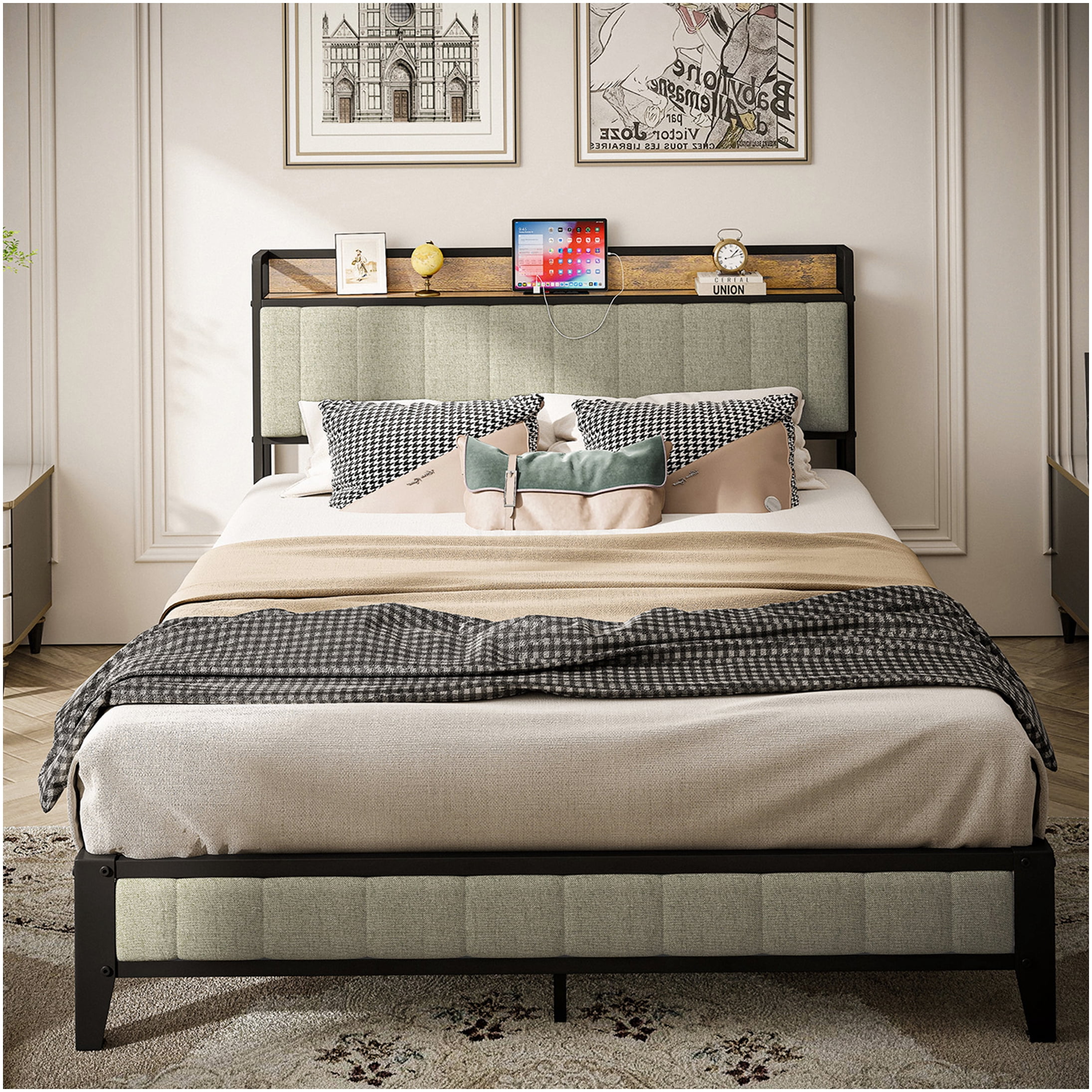 King Size Bed Frame with Upholstered Headboard and USB Charging Station, Heavy Duty Metal Platform, Grey