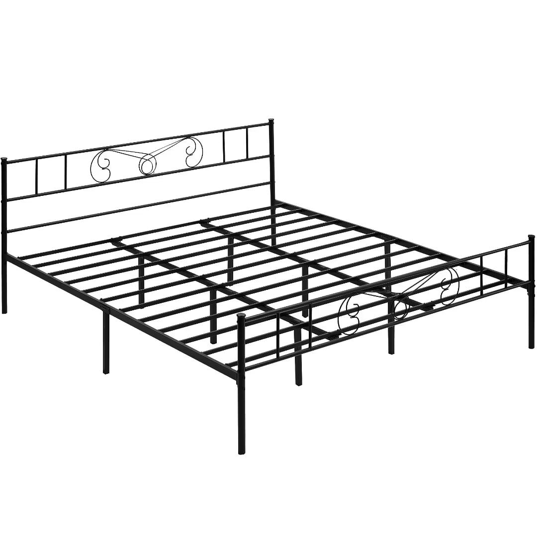 King Size Bed Frame with Vintage Pattern Headboard and Footboard, Metal Platform Bed Frame with Storage, Mattress Foundation, Easy Assembly, Black