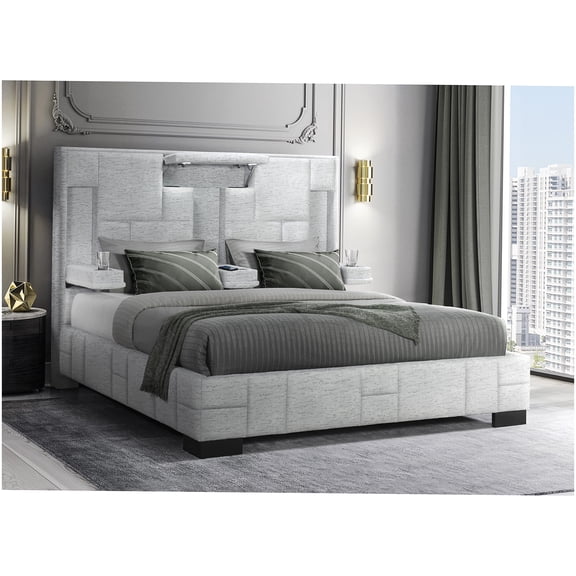 King Size Bed Frame with Wireless Charger, Bluetooth Sound & LED Lights, Modern Gray Fabric