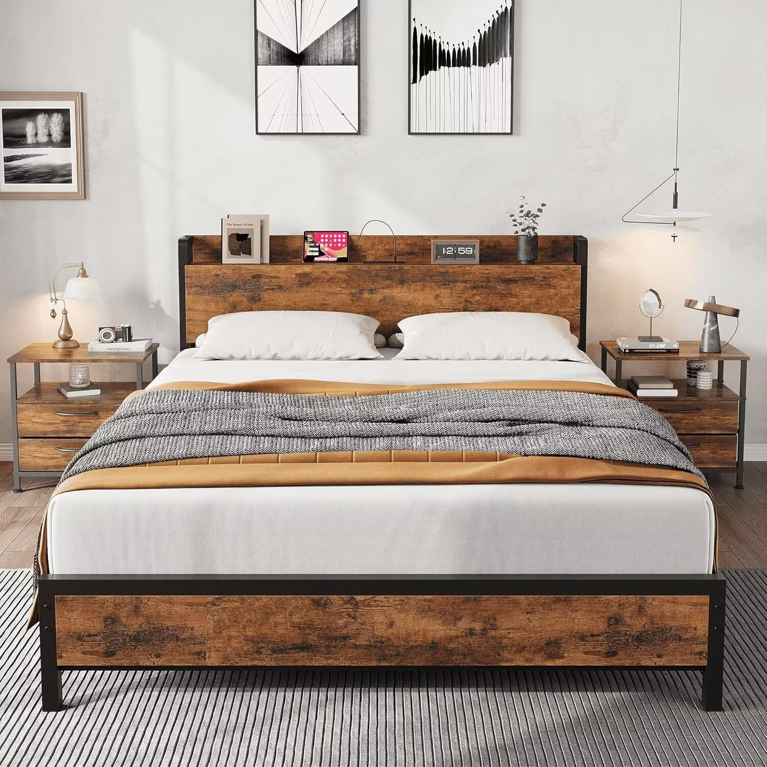 King Size Bed Frame with Wooden Headboard and Footboard, Heavy Duty ...