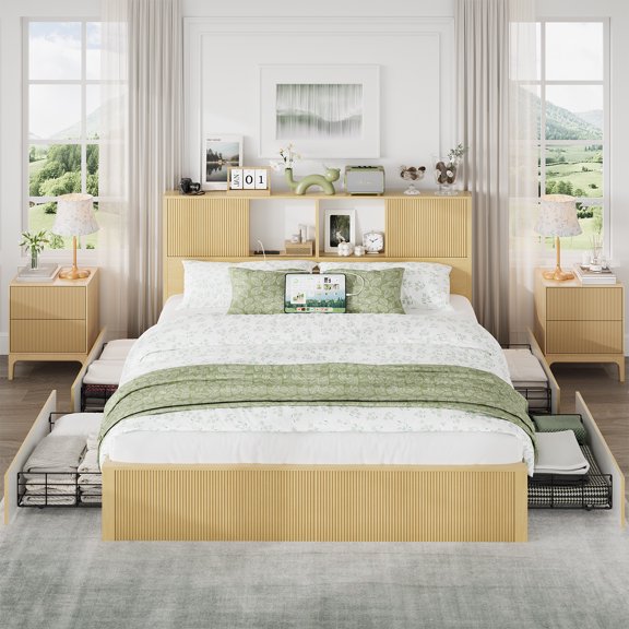 King Size Bed Frames with 4 Storage Drawers & 2-Tier Storage Headboards & Built-in USB Ports & Power Outlets, Metal Bed Frames No Box Spring Needed, Oak