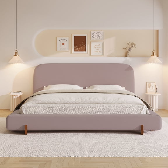 King Size Bed Frames Unique Design, Pink Velvet and Solid Wood Legs Upholstered Bed Frame, King,Adjustable Bed Base