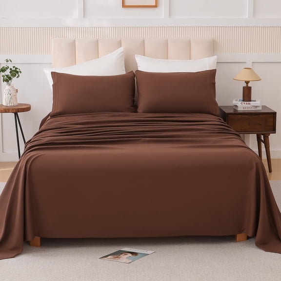 King Size Bed In A Bag, Brown four-piece suit Q, Brown Cotton Bedding Set,Polyester Bed Sheet Set, Household Supplies & Décor Bedding Bedding Sets