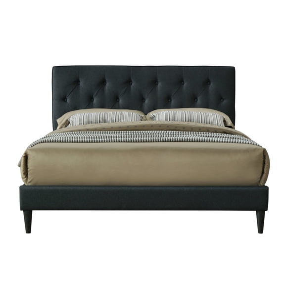King Size Bed In A Box With Plug - Headboard, Black Fabric Integrated Sized Upholstered