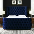 thumbnail image 1 of King Size Bed In Navy Blue Velvet With Wingback Design And Foam Filler Tufting, 1 of 4
