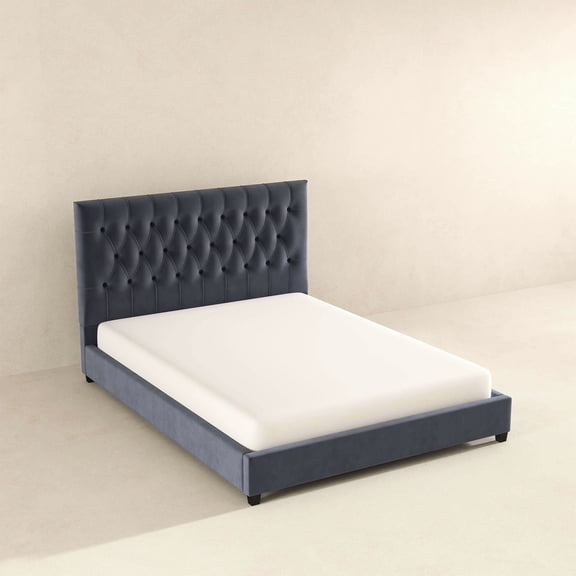 King Size Bed - Mid Century Modern Grey Velvet Design Long-lasting Construction Cover Style Solid Wood