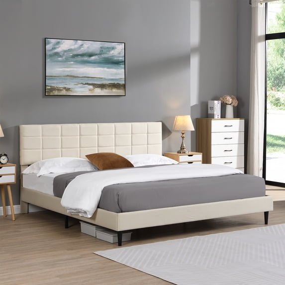King Size Bed Platform Frame with Fabric Upholstered Headboard and Wooden Slats, No Box Spring Needed/Easy Assembly, Dark Beige