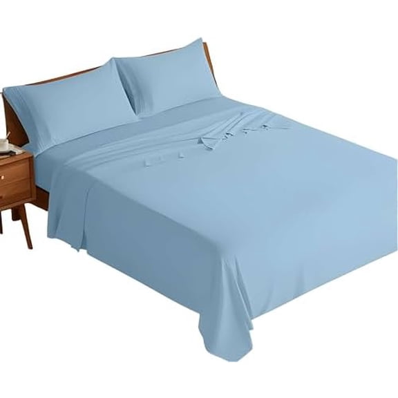 King Size Bed Sheet Set - 4 Piece with 16 Inch Deep Pocket King Sheets Set Easy Care 400 Thread Count Cotton Sheets, King, Light Blue$$Bedding
