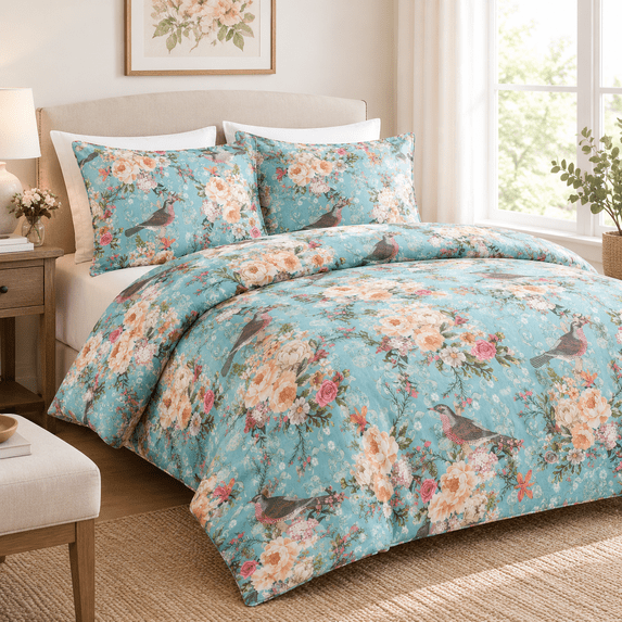 Sheets King Pattern Spring King Size Bed Sheet Set, Mint Green Birds & Flowers Floral Pattern ...