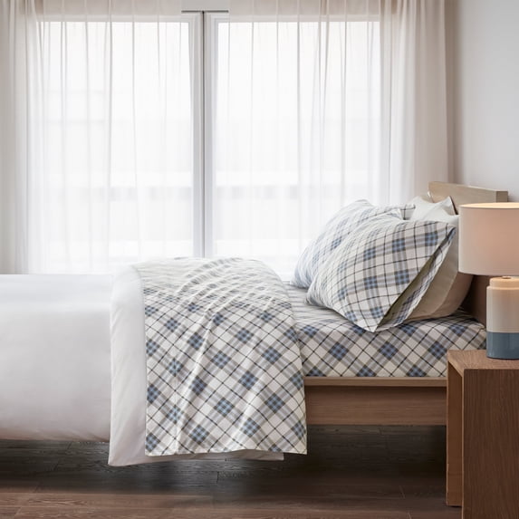 Regency Heights King Size Cotton Flannel Sheet Set, 4-Piece Flannel Bed Sheets King, 100% Cotton Bed Sheets Set with Deep Pocket, Blue Plaid