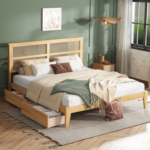 King Size Bed, Upholstered Bed Frame with Pull Out Drawers, Rattan Wood Platform Bed Frames for Bedroom, Easy Assembly, Noise Free, No Box Spring Needed, Natural