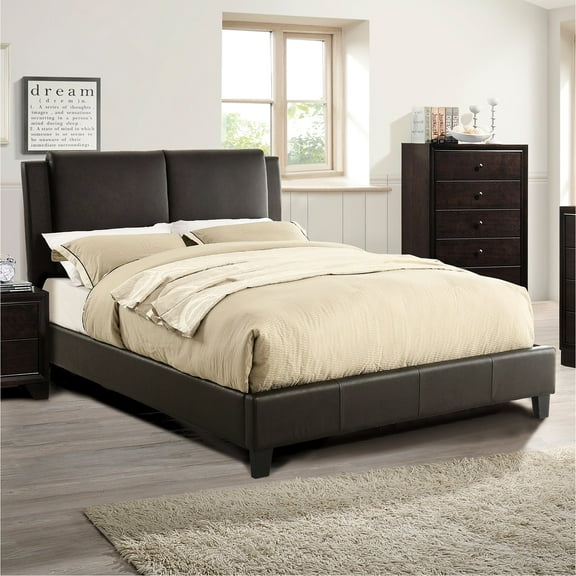 King Size Bed - Upholstered Headboard Brown Faux Leather Furniture Bedroom Modern