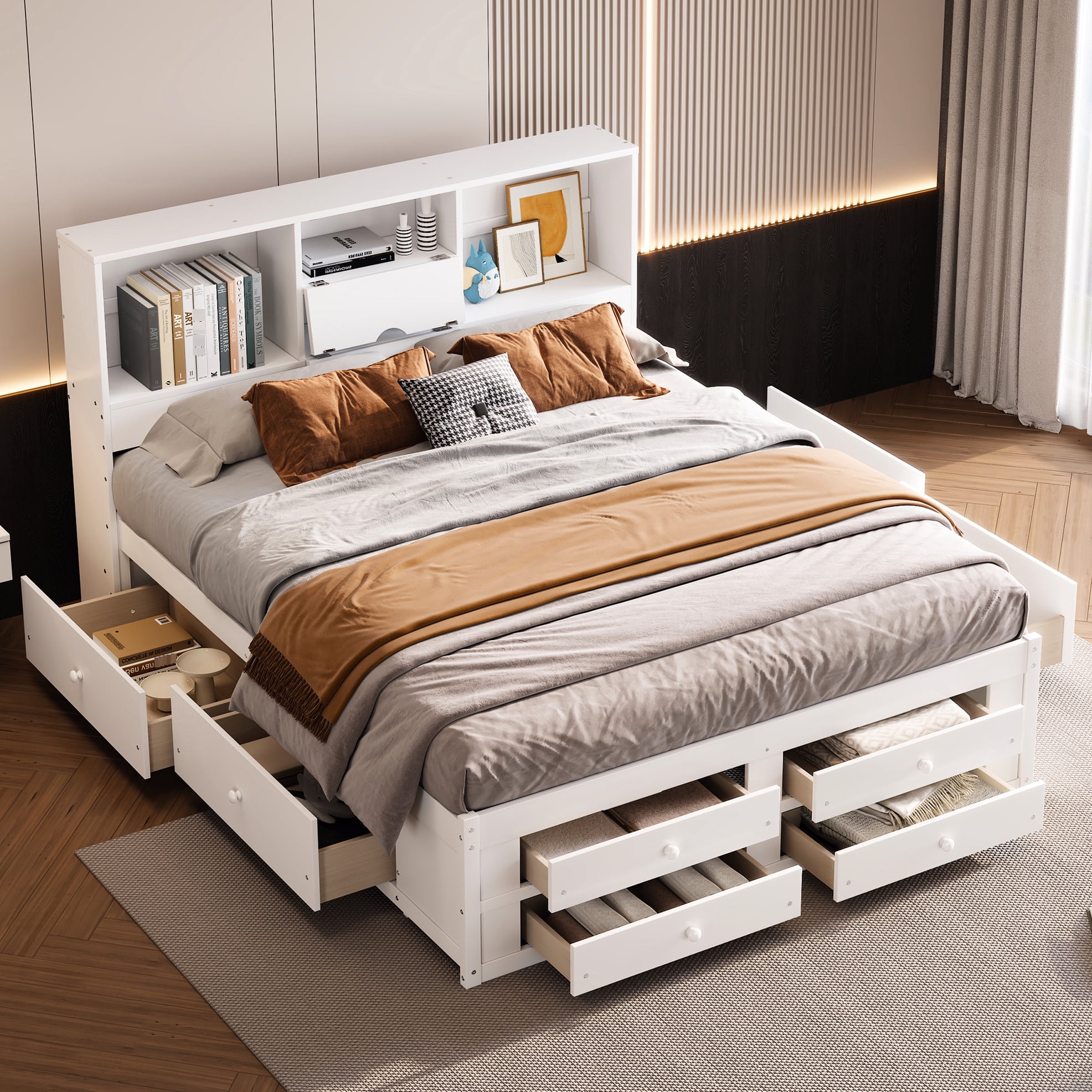 King Size Bed With 8 Headboard Storage And White Exterior Storage