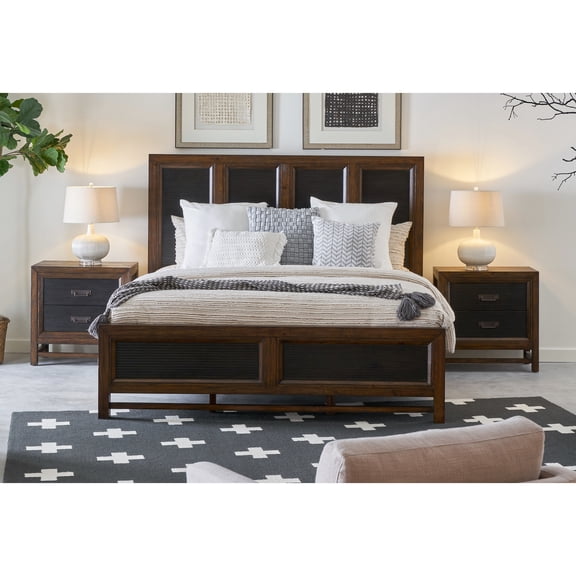 King Size Bed With Black Shutter Slat, Pine Wood Frame Bedroom Bed, Solids, Rustic Design