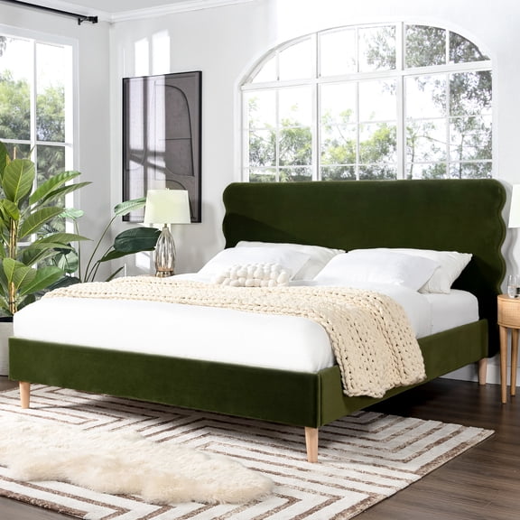 King Size Bed With Retro Wavy Headboard In Olive Velvet And Platform
