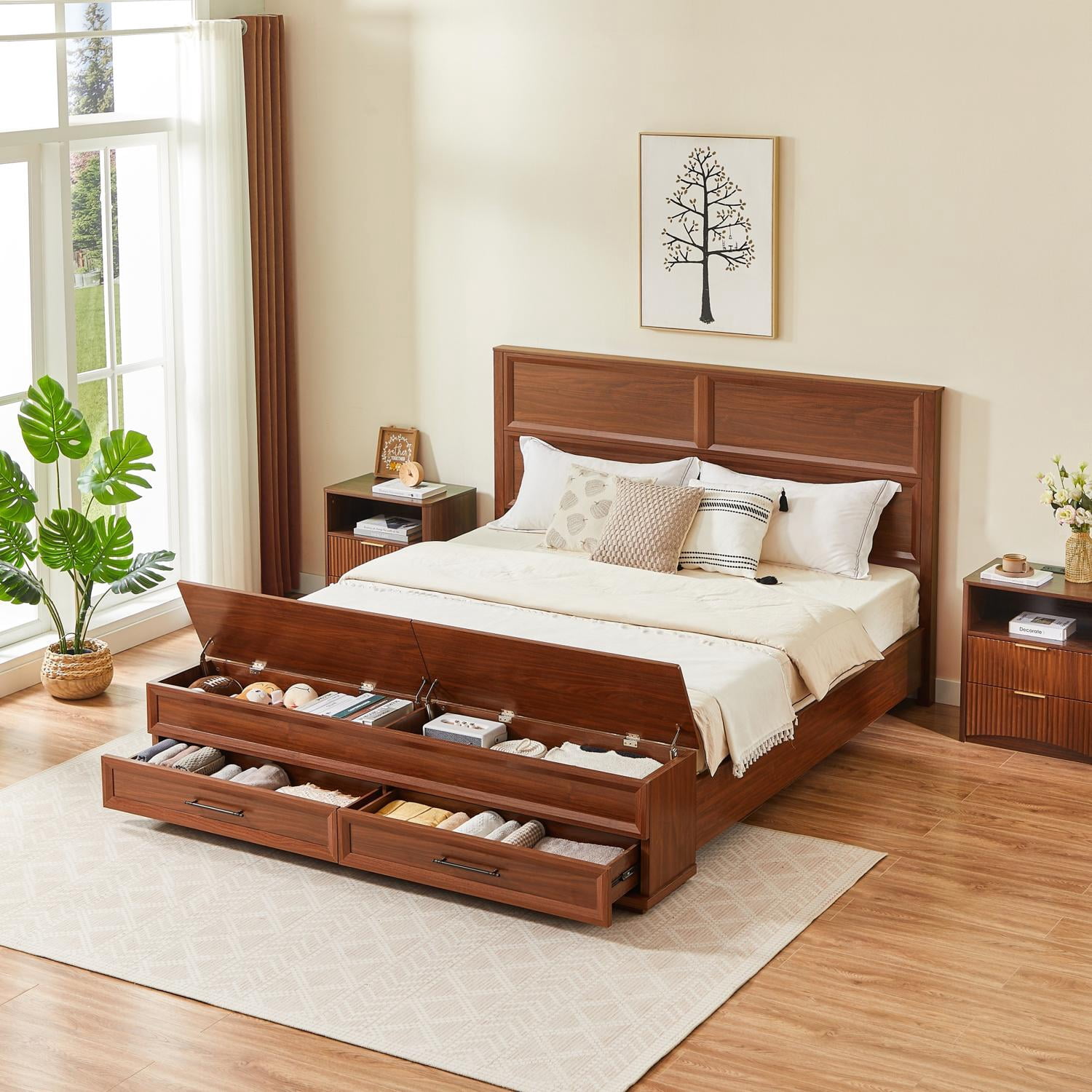 King Size Bed with 3D Geometric Headboard & Storage Bench, 4-Drawer Under-Bed Storage, Modern Wood Platform Bed Frame for Bedroom, Walnut