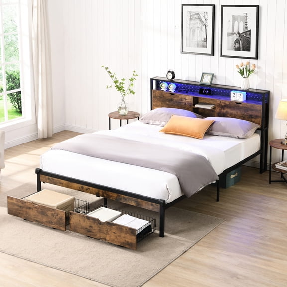 King Size Bed with Charging and Storage | Remote - Controlled LED Lights and Under - Bed Drawers | Enjoy Comfortable Charging and Storage Space