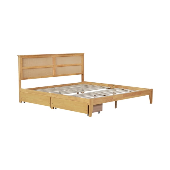 King Size Bed with Rattan Headboard, Two Storage Drawers, Rubber Wood Bed with Enhanced Support Salts and Feet,White Oak