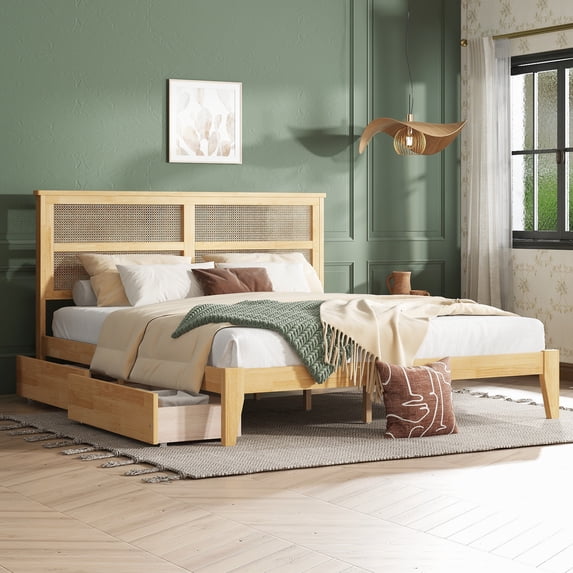 King Size Bed with Rattan Headboard, Two Storage Drawers, Rubber Wood, Enhanced Support, White Oak