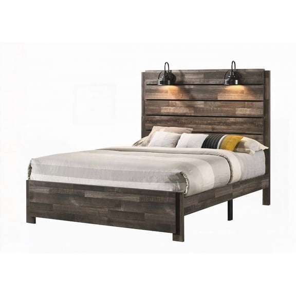 Rustic Style King Size Bed in Weathered Brown Finish, 1pc with Lamp for Bedroom Decor