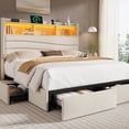 thumbnail image 1 of King Size Bed with Storage Drawers & Headboard, Upholstered Bed Frame with Led Lights & Charging Station, Beige, 1 of 12
