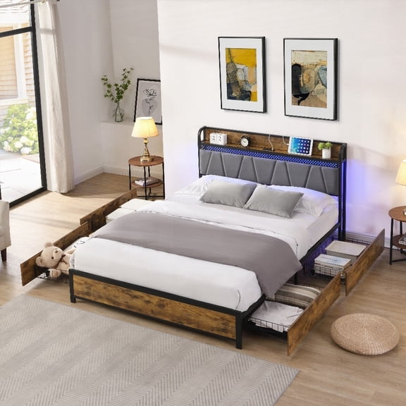 King Size Metal Platform Bed Frame with Storage,Charging Station and RGB Lights,Brown for Bedroom