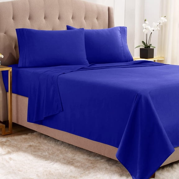 King Size Bedding - 4-PC Super Soft King Sheets - Double Brushed Microfiber - Luxury Royal Blue Hotel-Style Sheets, With 4 Corner Elastic Straps