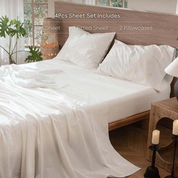 King Size Bedding Sheet Set  Washed Cotton Linen-Like Textured Breathable Soft  Solid Off White