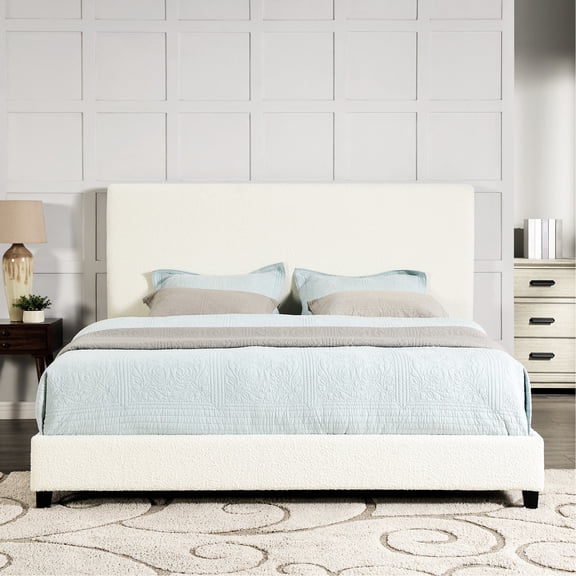 King Size Bedroom Bed In White Boucle Upholstery - Construction Platform With Stylish