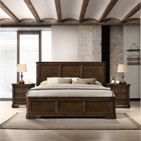 King Size Bedroom Furniture - Traditional. 3 With Panel Bed & Nightstands. Antique Walnut Finish. Solid Wood. Brushed Edges. Modern Style Traditional 3 Pieces. And Wood Frame. Spacious Decor