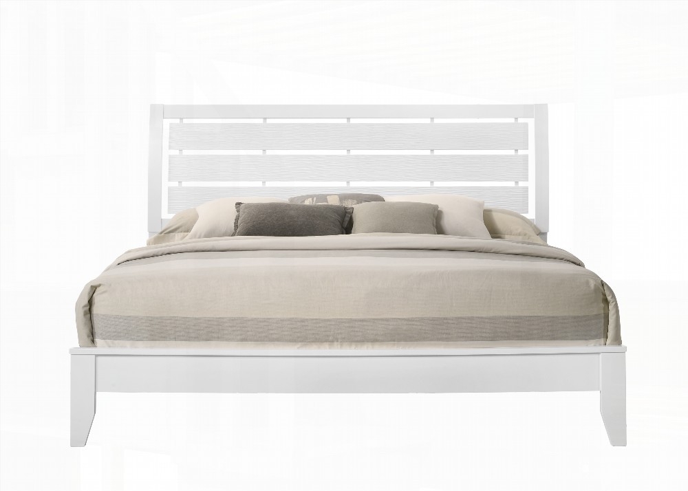 King Size Wooden Platform Bed Frame with Geometric Design, White Finish, for Bedroom
