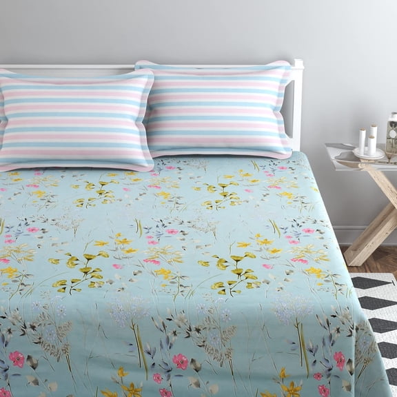 King Size Bedsheets With 2 King Size Pillow Covers | 108 X 108 Inches, Sky Blue | Luxury Soft Sheets, Breathable, Shrinkage | Pure Cotton Bedsheet
