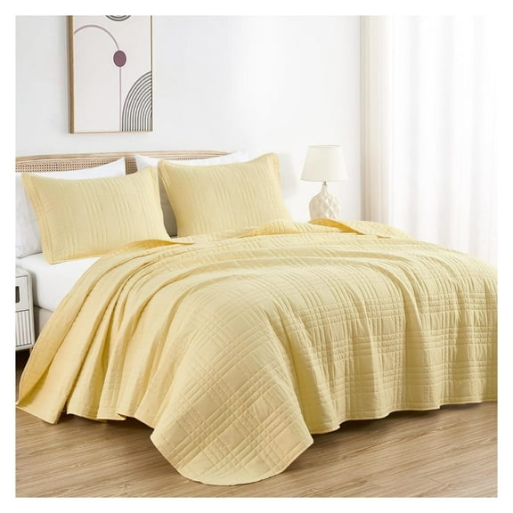 King Size Bedspread Set, 3-Piece Pastel Yellow Oversized Quilted Microfiber Lightweight Bedspread Coverlet (118"x106") for All Seasons
