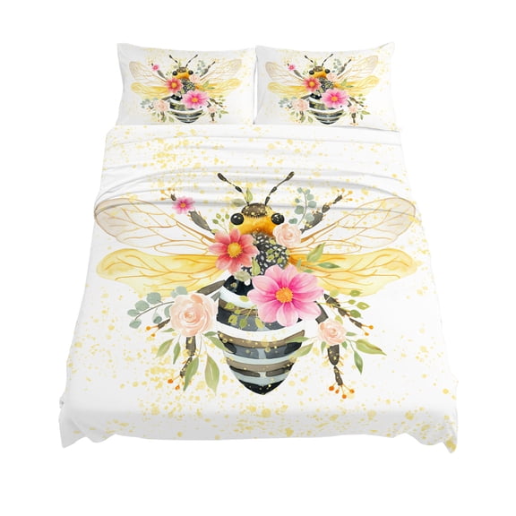 King Size Bee Flower Sheet Sets Watercolor Floral Golden Polka Dot Soft Breathable Microfiber Bed Sheets Deep Pockets 4 Piece Bed Sheets Set, 1 Fitted Sheet, 1 Flat Sheet & 2 Pillowcases