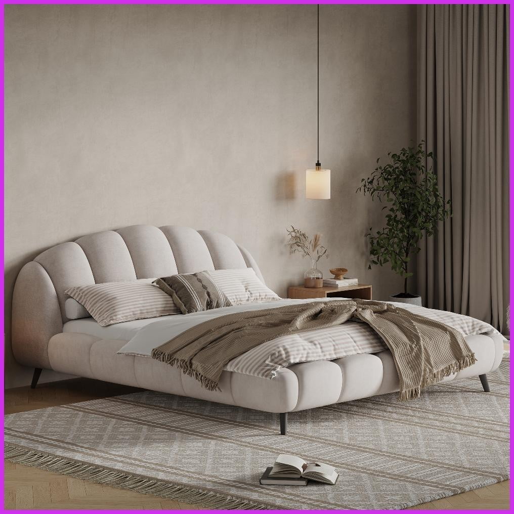 King Size Beige Chenille Upholstered Platform Bed Frame - Solid Rubberwood, No Box Spring Needed, Silent for Master Bedroom