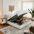 thumbnail image 1 of King Size Beige Chenille Upholstered Platform Bed Frame with Storage - Modern Bedroom Furniture. Hydraulic Lift, Integrated Headboard, Durable Design., 1 of 12