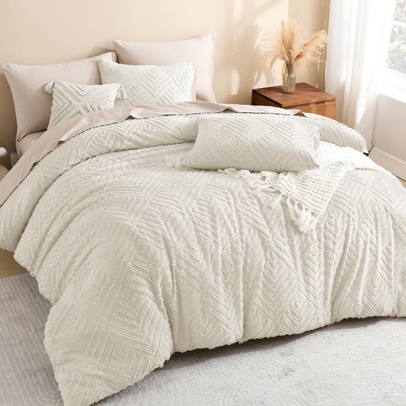 King Size Comforter Set, 3 Pieces Beige Tufted Boho Bedding Set | Farmhouse Shabby Chic Vintage Bohemian Textured Aesthetic Soft Fluffy Lightweight Breathable All Season Bed Set for King Bed
