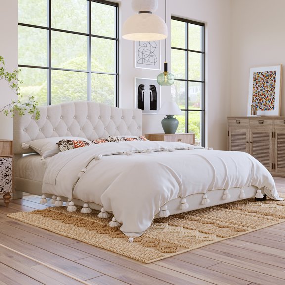 King Size Beige Upholstered Platform Bed with Adjustable Saddle Curved Headboard, Diamond Tufted Bed Frame with Wooden Slats, No Box Spring Needed