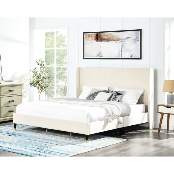 King Size Beige Velvet Wingback Bed - Elegant And Supportive For Bedroom Comfortable Platform A Cozy