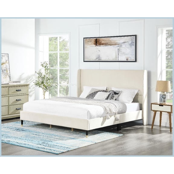 King Size Beige Velvet Wingback Platform Bed - No Box Spring Needed for Master or Guest Room