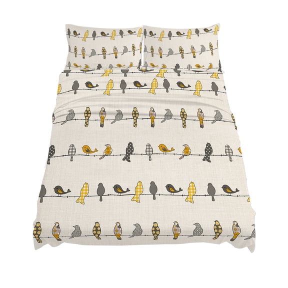 King Size Birds on the Wire Yellow Grey Orange Burlap Background Sheet Sets Soft Breathable Microfiber Bed Sheets Deep Pockets 4 Piece Bed Sheets Set, 1 Fitted Sheet, 1 Flat Sheet & 2 Pillowcases