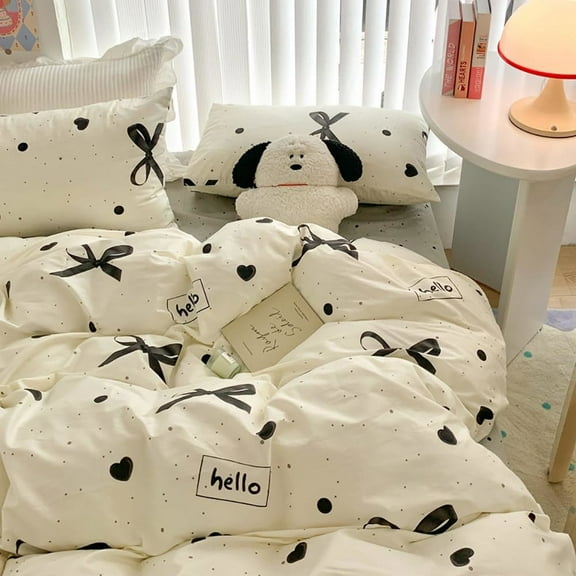King Size Black Bow Beige Bow Duvet Cover Single Heart Bows Bowknot Print Kawaii Bedding Set Kids Girls Cute Bow Tie Microfiber Comforter Cover