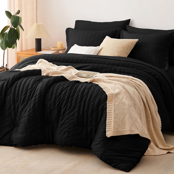 King Size Black Comforter Set 7 Pieces Seersucker Textured Down Alternative All Seasons Bedding with Sheets Pillowcases and Shams