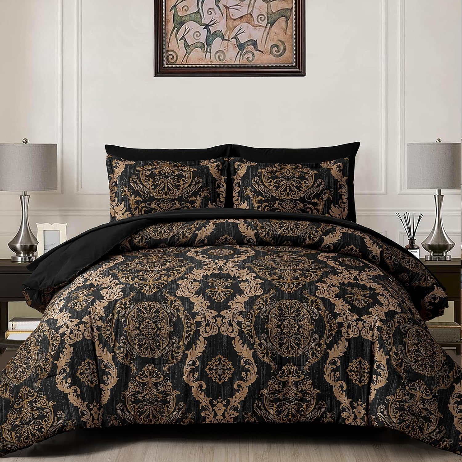 King Size Black and Gold Microfiber Reversible Bed in a Bag Set