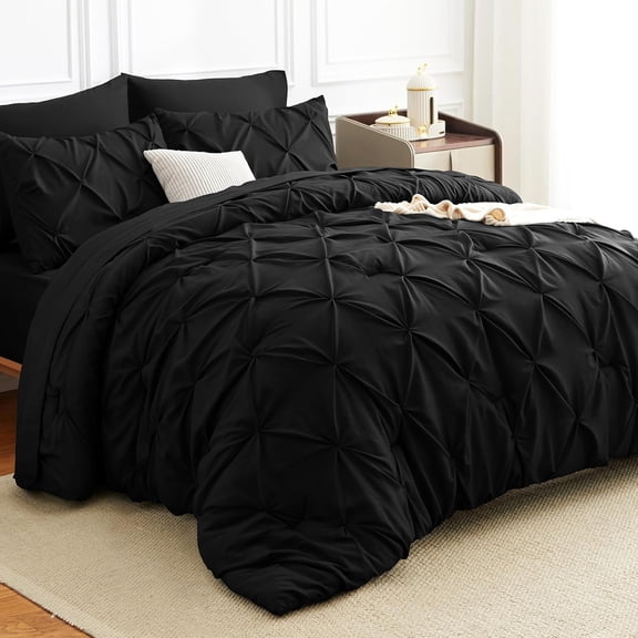 King Size Black Comforter Set with Pinch Pleat Design 7 Pieces All-Season Bedding