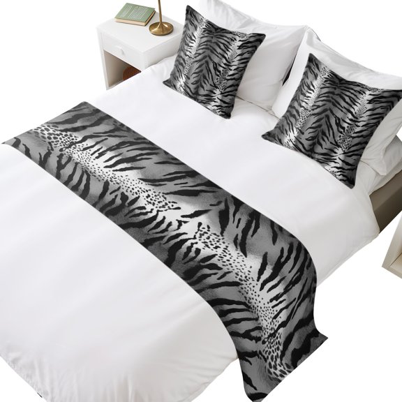 King Size Black And White Leopard Bed Runner Set 94 x 20 inch Abstract Vintage Animal Prints Bed Runners with 2 Matching Pillow Covers, Decorative Throw Pillowcases Bedding Scarf for Bedroom Hotel