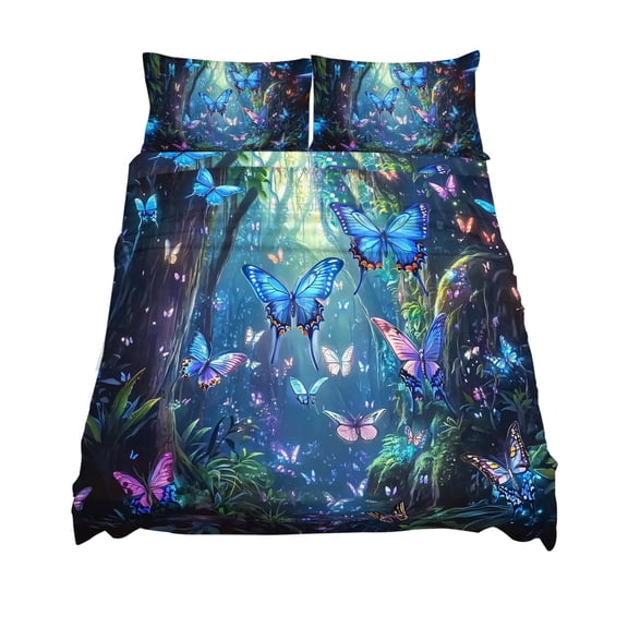 King Size Blue Butterfly Sheet Sets Dream Flower Forest Tree Plant Nature Soft Breathable Microfiber Bed Sheets Deep Pockets 4 Piece Bed Sheets Set, 1 Fitted Sheet, 1 Flat Sheet & 2 Pillowcases